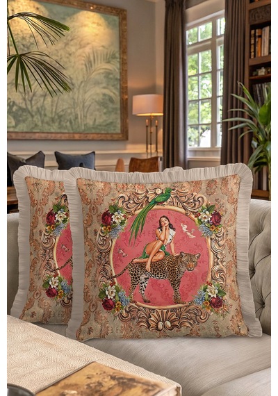 Barok Vintage Saçaklı Yastık Kılıfı - Nostaljik Pembe Leopar Yeşil Bohem Püsküllü Kırlent Kılıfı Çok Renkli