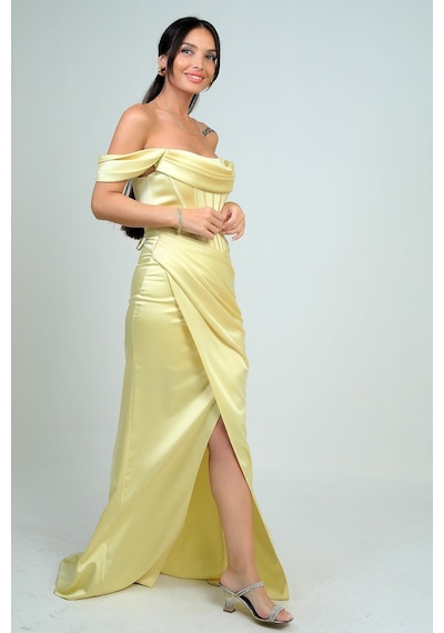 By Saygı Kadın Straplez Düşük Kollu Astarlı Balenli Saten Uzun Elbise-41553 Sarı