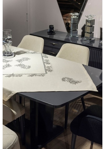 Doğal Pamuk Keten Kare Masa Örtüsü - 155x155 Cm, El Baskılı Şık Tasarım Beyaz - 677356837 Beyaz