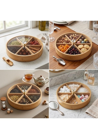 Deconox 30 Cm Bambu Bölmeli Sunumluk - Kristal Kulplu Kırılmaz Şeffaf Kapaklı Çerezlik, Kahvaltılık Ve Draje Tab Diğer