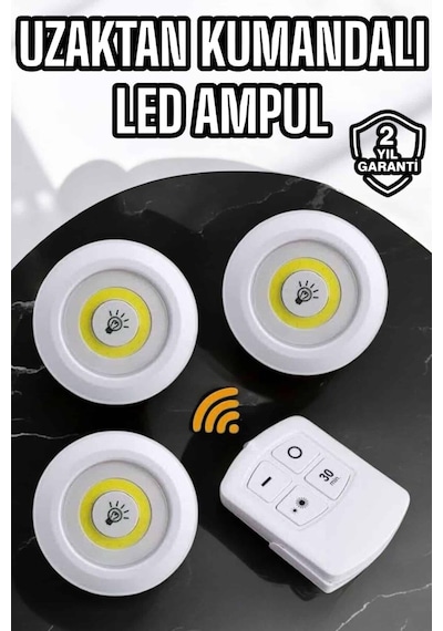Spot Lamba Led Işık 3'lü Uzaktan Kumandalı Pilli Yapışkanlı Kablosuz Renkli 60976465