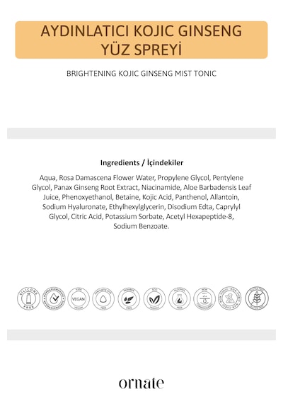 Kojic Acid, Ginseng İçeren Koyu Leke, Kararma, Görünümü Karşıtı, Ton Eşitleyici Ve Canlandırıcı Tonik Yüz Misti 170 Ml