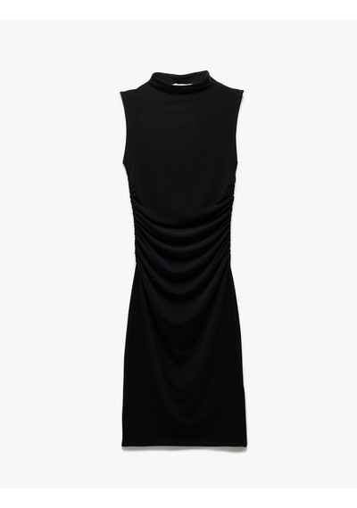 Koton Hafif Dik Yaka Kolsuz Drapeli Slim Fit Midi Kalem Elbise Siyah 5sak80023ek