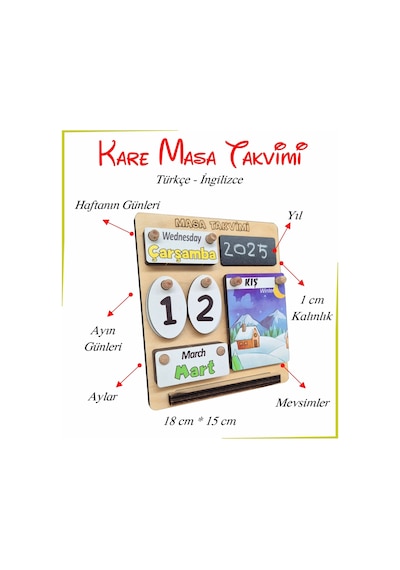 Ahşap Kare Masa Takvimi Türkçe İngilizce Öğrenimi