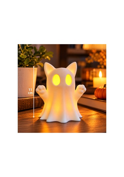 Kedi Kulaklı Hayalet Led Gece Lambası Dekoratif Işık, 11 Cm, 1 Adet Led Mum Hediyeli Renkli