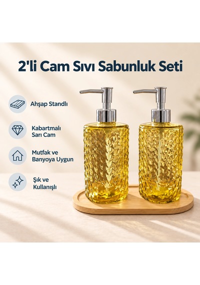 2'li Sarı Cam Sıvı Sabunluk Seti - 400 Ml Çok Renkli