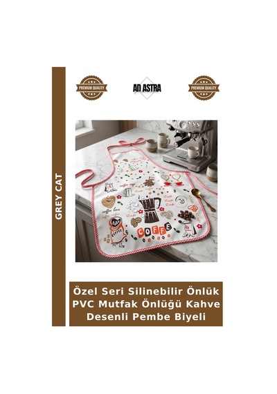 Özel Seri Silinebilir Önlük Pvc Mutfak Önlüğü Kahve Desenli Pembe Biyeli Çok Renkli