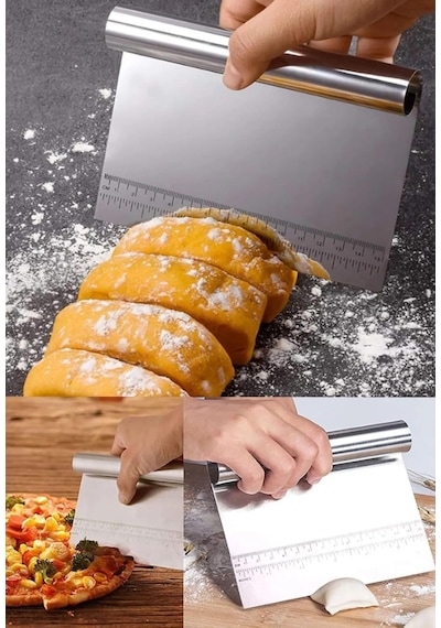 Paslanmaz Çelik Hamur Kesme Ve Kazıyıcı Spatula Ölçü Çizgili Pasta Kek Kesici Aparat