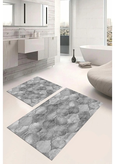 Buççin Online Mağaza Dijital Baskılı Yıkanabilir Kaymaz Taban Kupa Desenli Banyo Paspası Klozet Takımı Polyester Gri Çok Renkli