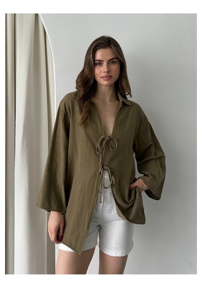 Laluvia Olive %100 Keten Bağcık Detaylı Kimono Bluz - 5218 Yağ Yeşili