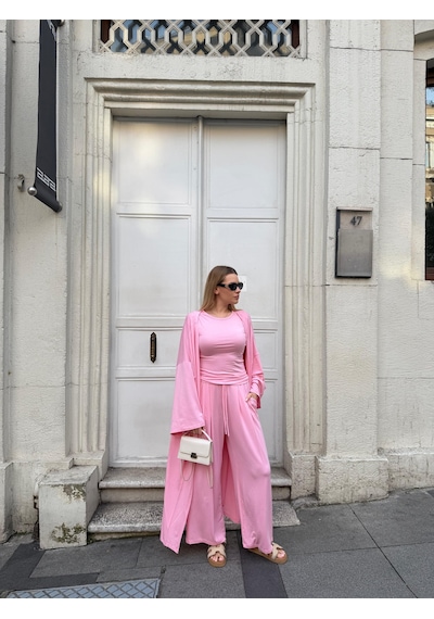 Bonacosa Kadın Viskon 3 Lü Takım Kimono + Beli Lastikli Salaş Pantolon + Kısa Kol Tshirt 8 Renk Pembe Bonacosa Kadın Viskon 3 Lü Takım Kimono + Beli Lastikli Salaş Pantolon + Kısa Kol Tshirt 8 Renk Pembe