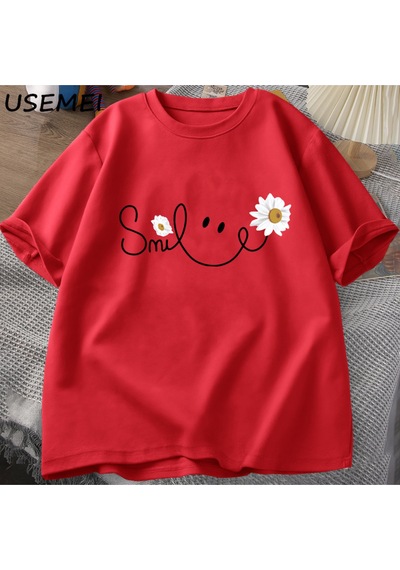 Flood Of Style Papatya Gülümseme Yüz T Shirt Yaz Çiçek Baskılı Tişört Kadın Erkek Pamuk Kısa Kollu Tshirt Bo Kırmızı