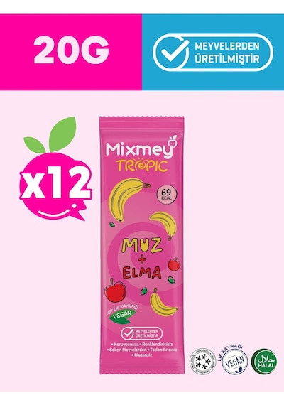 Mixmey Muz Meyve Barı 12 Adet | Atıştırmalıklar – Vegan, Glutensiz, Koruyucusuz (20GR X 12 ADET)