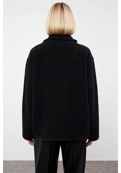 Benerly Kadın Dik Yaka Düşük Kol Tam Fermuarlı Peluş Sweatshirt Fonksiyon siyah