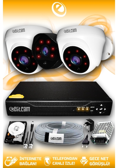 Elitcam 3 Kameralı Uzay 2 İç Kamera Set 320 GB HDD Full HD Gece Görüşlü Güvenlik Kamerası Sistemi