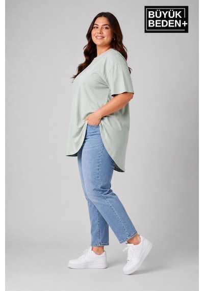 Superlife Büyük Beden Kadın Bisiklet Yaka Basic Oval Etek Detalylı 3xl-6xl Uzun Tunik Spr26btsk502 Yeşil