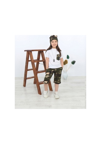 Mavi Boncukk Unisex Çocuk Kamuflaj Desenli Tişört Kapri Ve Bere 3'lü Takım Beyaz