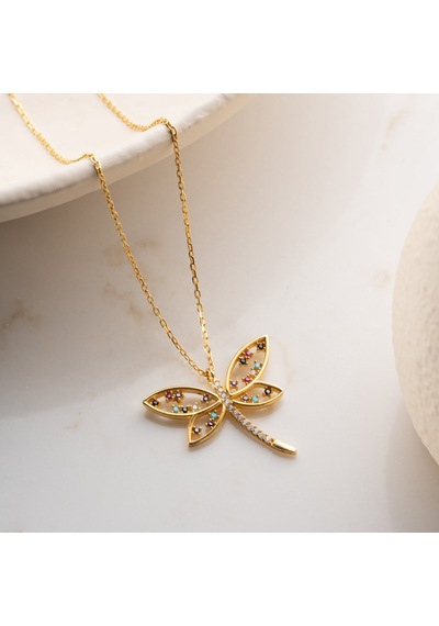 Vaoov 925 Ayar Gümüş Renkli Taşlı Gold Yusufçuk Kolye Gold