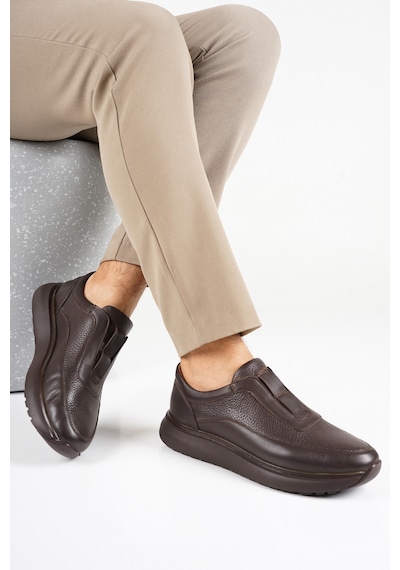Fame Step Hakiki Deri Erkek Yürüyüş Ayakkabısı Casual Comfort Ayakkabı Günlük Rahat Taban Ortopedik Bağcıksız Ortopedik Ayakkabı Kahverengi Sneaker Genoa