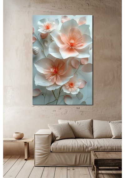 Çiçek Baskılı Cam Tablo Pastel Tonlu Zarif Floral Dekoratif Duvar Tablosu