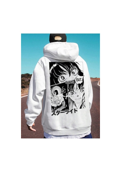 Tarzsokak Unisex Kadın/erkek Beyaz Anime Out Baskılı Oversize Kapüşonlu Sweatshirt