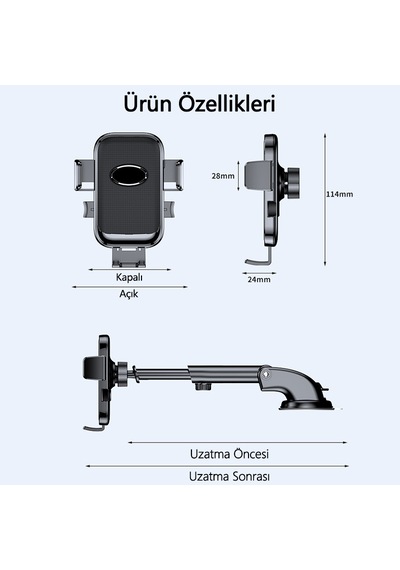 Klasik Emici Askılı Araç Telefon Tutucusu 25cm Uzayan 60x Nano Emiş 360 Dönebilen 5.8-9cm Genişlik 15.5x7.3x11.3cm