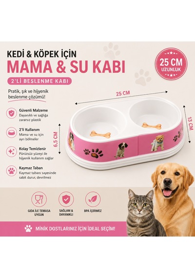 Kedi Köpek İkili Mama Ve Su Kabı 25 Cm Kaymaz Tabanlı Çift Bölmeli - Pembe