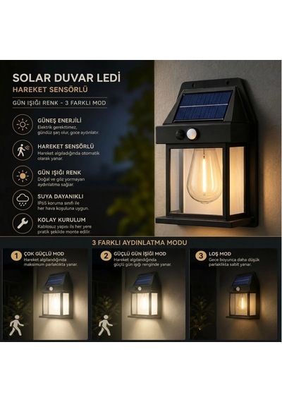 Ampul Model 3 Modlu Solar Led Duvar Lambası, Güneş Enerjili, Şarjlı Kablosuz Dış Mekân Apliği, Bahçe Ve Kapı Lambası 5580 Diğer