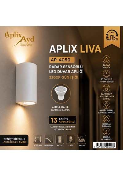 Liva Ap-4050 Radar Sensörlü Led Duvar Apliği 3200k Gün Işığı Beyaz Kasa İç Mekan Aydınlatma Beyaz - Gün Işığı
