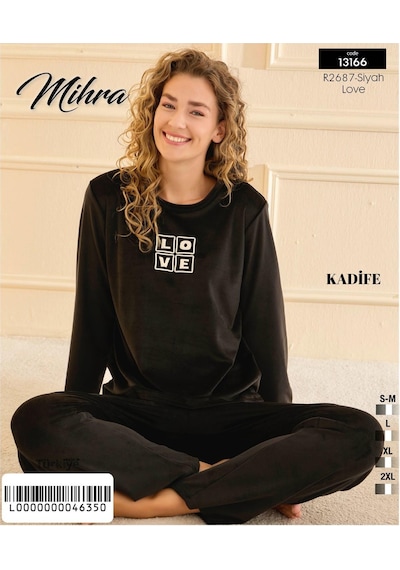 Mihra Kadın Kışlık Bisiklet Yaka Kadife Pijama Takımı 13166s - 1 Adet Siyah