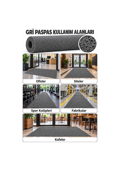 Hortumtech Kıvırcık Paspas Kir Tutucu Pvc Kapı Önü İç Dış Mekan Eko 12 Mm - Gri 100 X 450 Cm