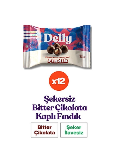 Delly Şeker İlavesiz Bitter Çikolata Kaplı Fındık 12 x 40 G Delly Şeker İlavesiz Bitter Çikolata Kaplı Fındık 12 x 40 G