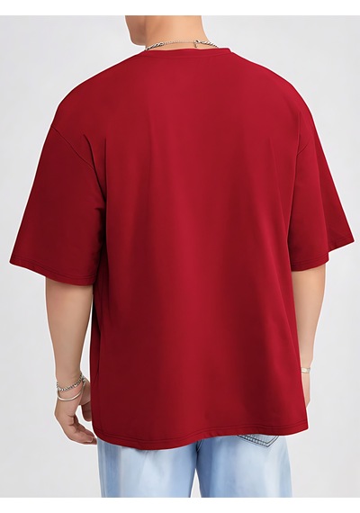 Kulaklık T-shirt - Baskılı Oversize Bisiklet Yaka Kısa Kol Tişört Kırmızı