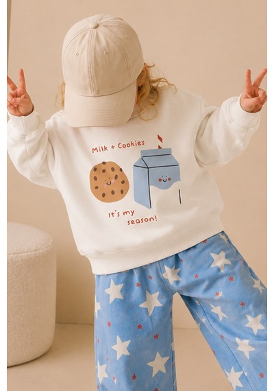 Monila Kız Çocuk 3 İplik Kumaş Pamuklu Baskılı Sweatshirt Ekru