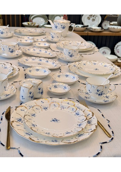 44 Parça Queen Blue Porselen Kahvaltı Takımı -6031 Beyaz