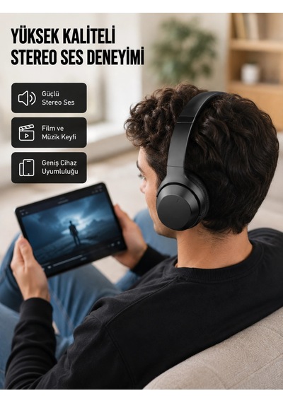 Mey İthalat Bluetooth 5.0 Siyah Kablosuz Kulaklık 18 Saat Batarya Katlanabilir Tasarım Yeni Nesil