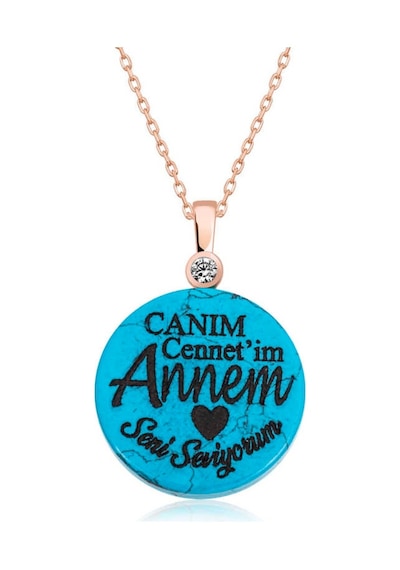 ​Gümüş Turkuaz Taşlı Annem Yazılı Kadın Kolye (549710208)