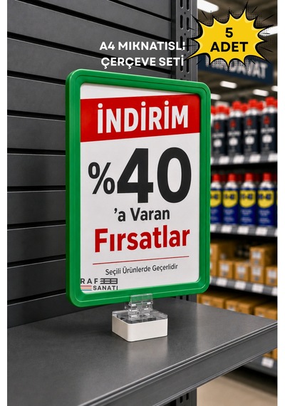 5 Adet - A4 Güçlü Mıknatıs Tutuculu Fiyatlık Etiketlik Dikey Yatay Ve Bilgilendirme Çerçevesi Yeşil 1