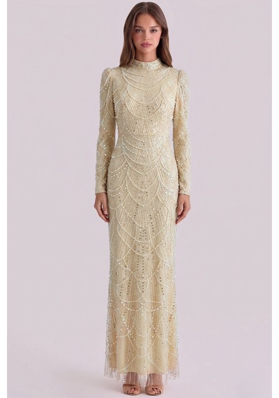 Olcay İnci Ve Pul Bezeli Exclusive Tesettür Abiye Elbise Krem 1039