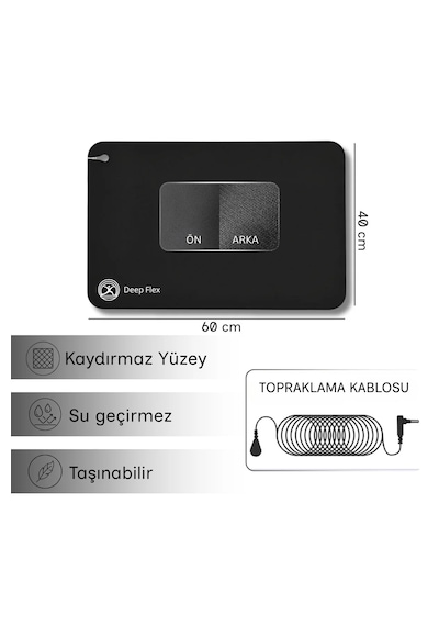 Deepflex Topraklama Matı Seti Kablo + Priz Adaptörü Dahil Kaydırmaz, Suya Dayanıklı 40x60 Cm Siyah
