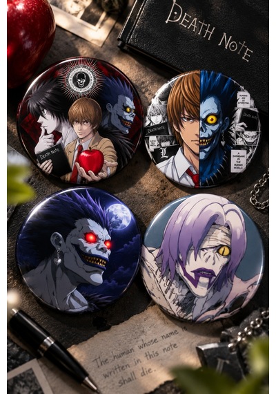Death Note 58mm 4'lü Rozet Seti 2 Light Yagami L Ryuk Anime Çanta Mont Ceket Rozeti Çok Renkli