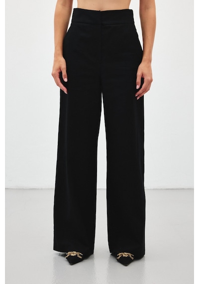 Sateen Bol Paça Keten Pantolon - Siyah-136411 Siyah