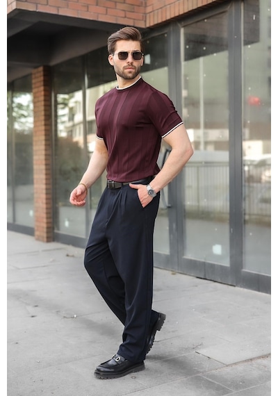 Madmext Mürdüm Bisiklet Yaka Regular Fit Triko Erkek Tişört E7487