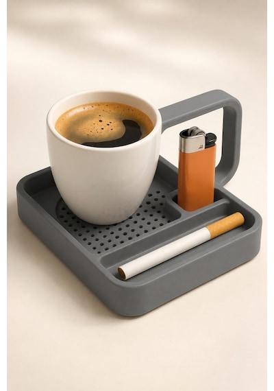 Kahve Sunum Tepsisi Çok Bölmeli Masa Üstü Organizer Kupa Fincan Standı Pla 12.5x11x7 Cm Gri