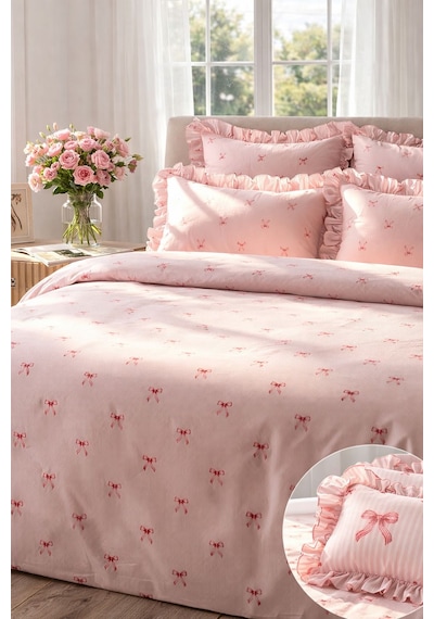 Uçkan Home %100 Pamuklu Fiyonk Desen Fırfırlı Tek Kişilik Nevresim Seti---93