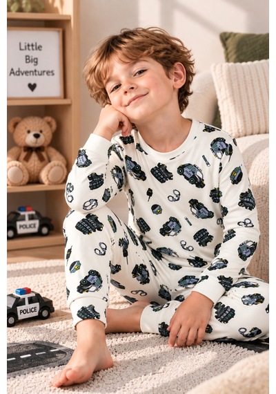 Free Beka Araba Desenli Bisiklet Yaka %100 Pamuklu İnterlok Kumaş Erkek Çocuk Uzun Kollu Pijama Takımı Ekru Free Beka Araba Desenli Bisiklet Yaka %100 Pamuklu İnterlok Kumaş Erkek Çocuk Uzun Kollu Pijama Takımı Ekru