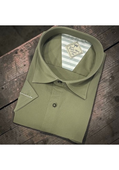 Eren Style Linen Keten Klasik %100 Cotton Kısa Kollu Terletmeyen Gömlek Zeytin Yeşili