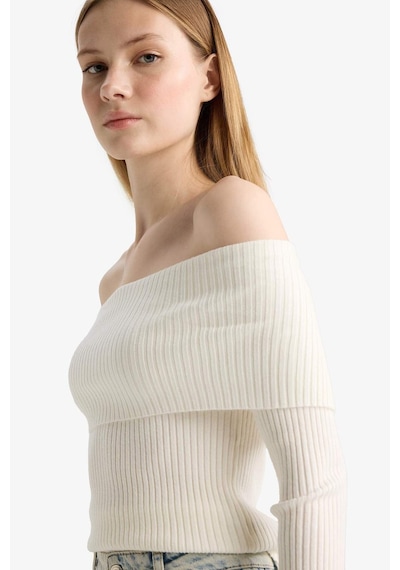 Defacto Coool Slim Fit Dar Kesim Açık Omuz Triko Kazak B6537ax25wner105 Ekru