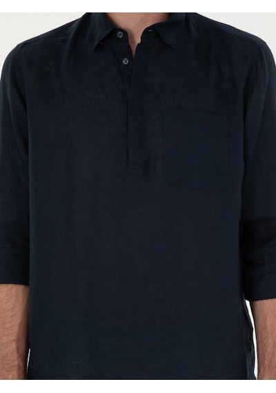 Cacharel Lacivert Slim Fit Yarım Düğmeli %100 Keten Gömlek