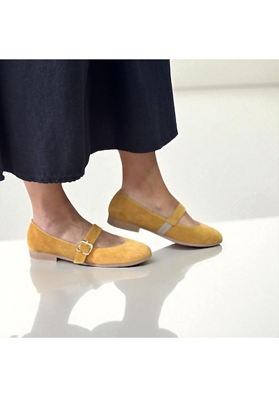 Ne&ve Shoes Hardal Süet Hakiki Deri Yuvarlak Burunlu Tokalı Kadın Babet